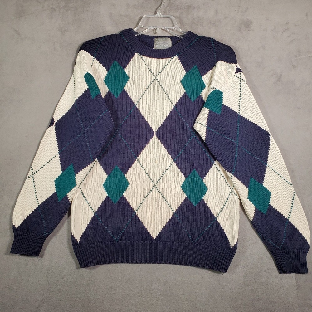 VTG Lord & Taylor Sweater Mens M Blue Ivory‎ Argyle Cotton Pullover Preppy Golf